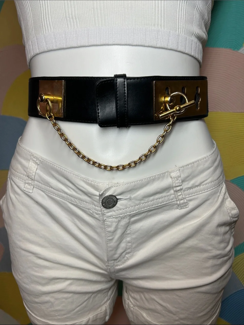 Vintage 1990s Black Leather Waist Belt with Gold Chain Accent Genuine Leather